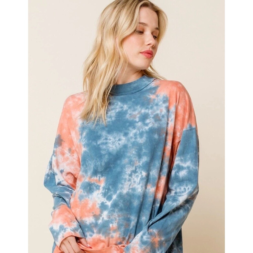 FREE PEOPLE We The Free Tie Dye Long Sleeve Mock Neck Oversized Top Blue Peach S